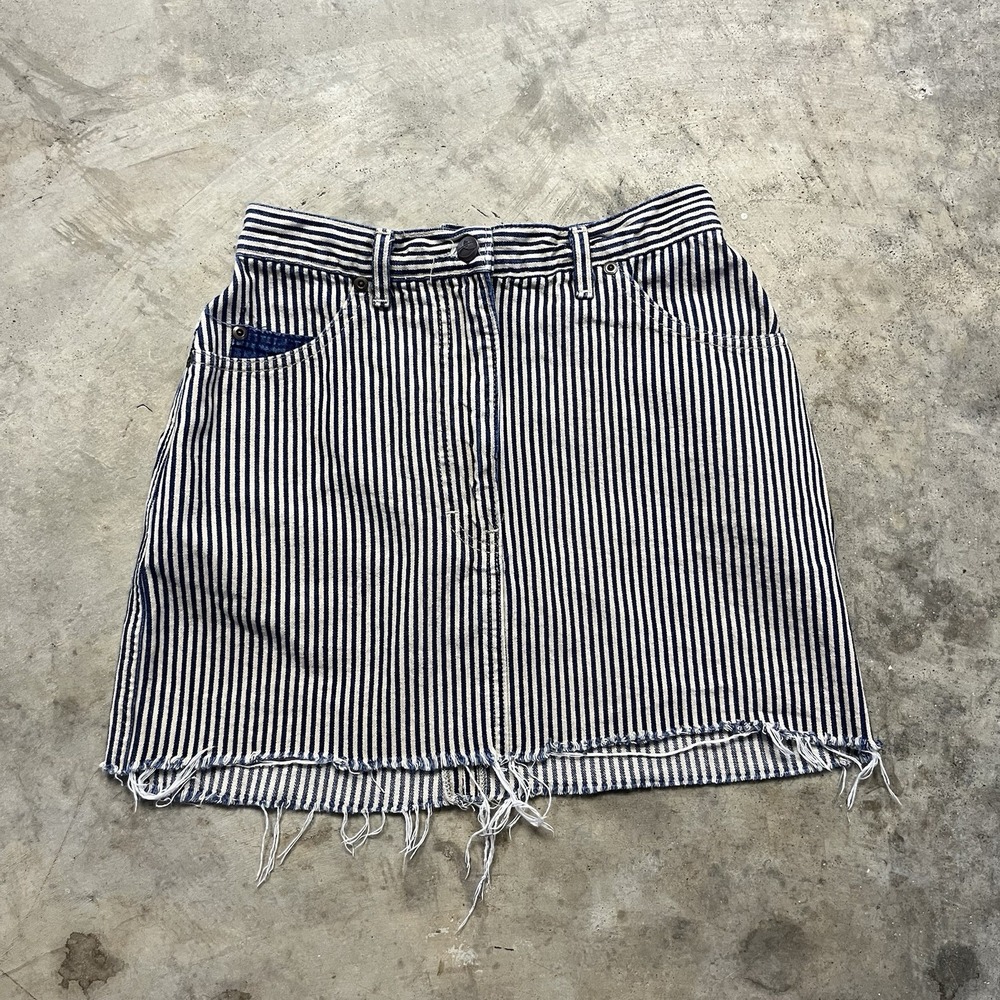 Gotcha Covered Seersucker Skirt Womens 26x14 Blue White Striped 80s VTG